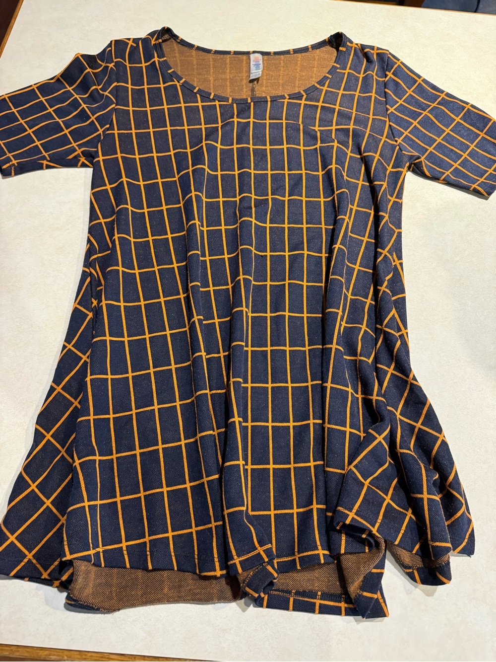 LuLaRoe Navy Top with Mustard Grid Pattern